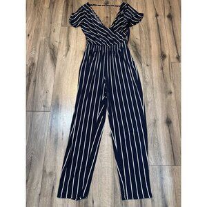 Navy & White Striped Jumpsuit Express XS Short Sleeves V-Neck & Elastic Waist